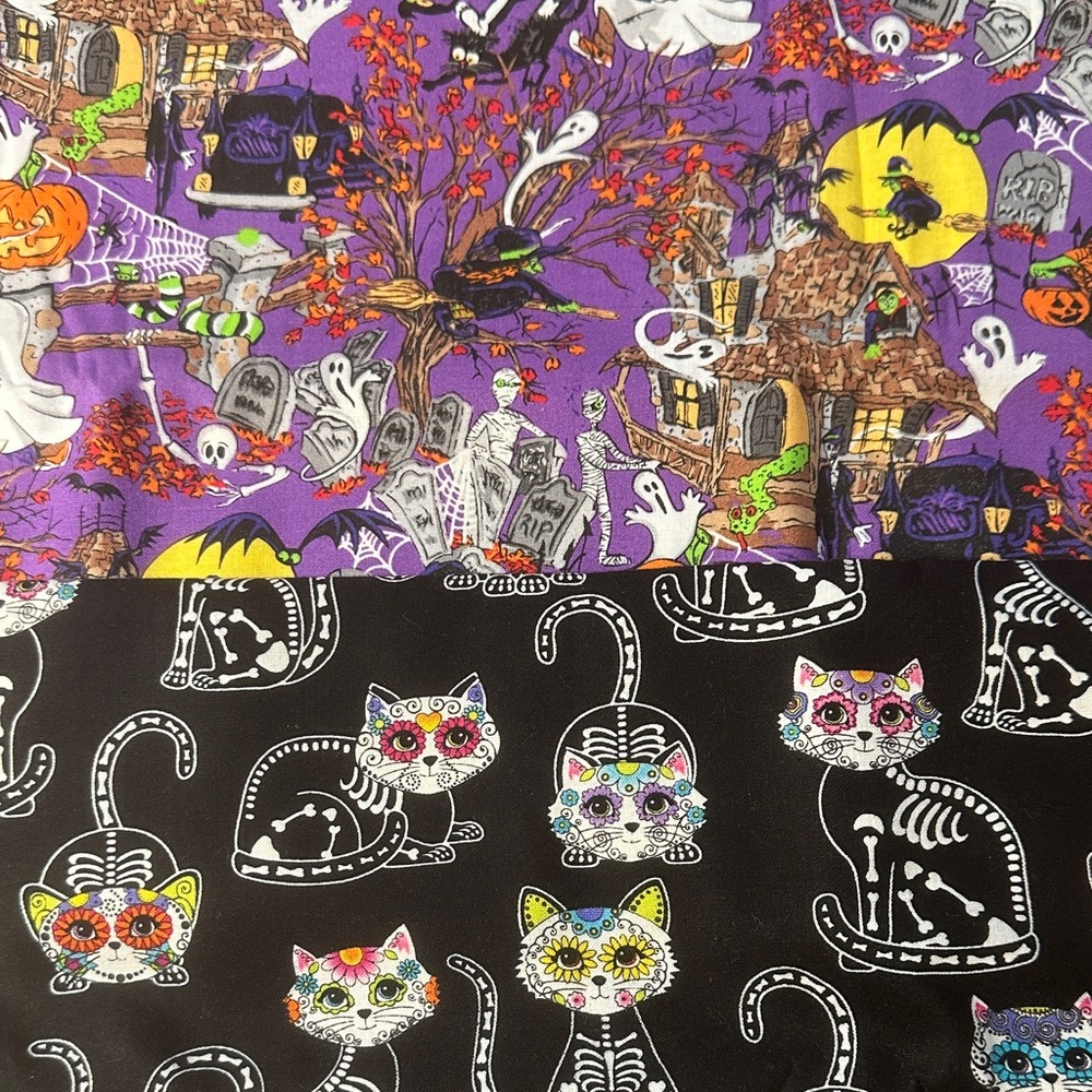 Fabric Halloween Cat and Haunted House in Purple and Black